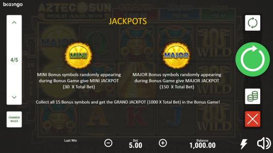 Aztec Sun Hold and Win Slot Machine Jackpot Information Screen