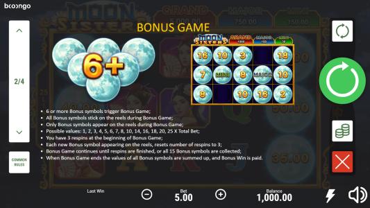 Moon Sisters Slot Machine Bonus Game Screen