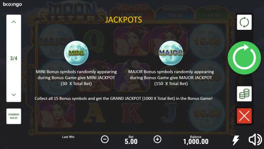 Moon Sisters Slot Machine Jackpot Information Screen