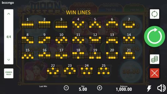 Moon Sisters Slot Machine Paylines Screen
