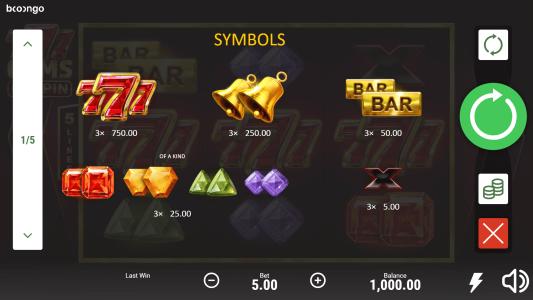 777 Gems Respin Slot Machine Paytable Screen
