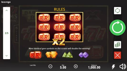 777 Gems Respin Slot Machine Paytable Screen
