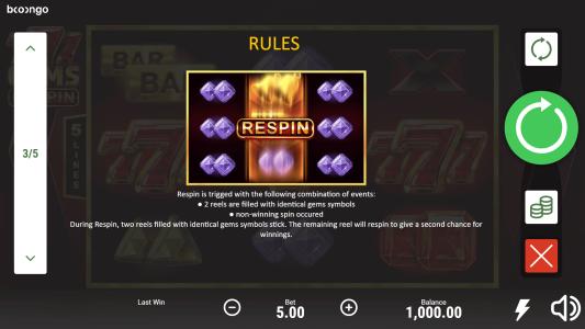 777 Gems Respin Slot Machine Wild Symbol Screen