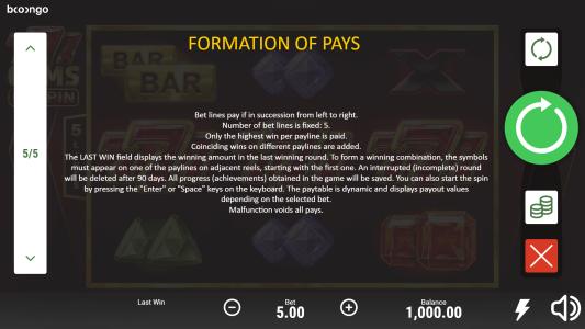 777 Gems Respin Slot Machine Formation of Pays Screen