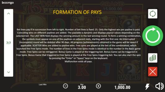 15 Dragon Pearls Slot Machine Paylines and Free Spins Information Screen