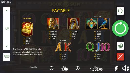 Book of Sun Choice Slot Machine Paytable Screen