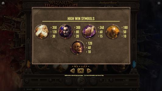 Wizards Want War Slot Machine Paytable Screen