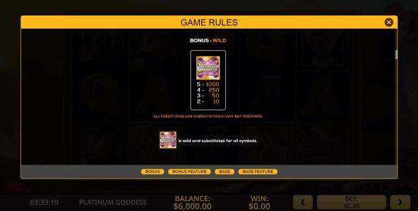 Platinum Goddess Slot Machine Wild Symbol Screen