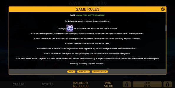 Fox Fire Slot Machine Game Rules Screen