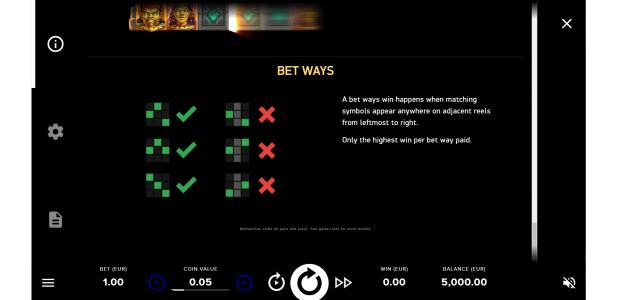 Gods of Gold Infinireels Slot Machine Bet Ways Screen