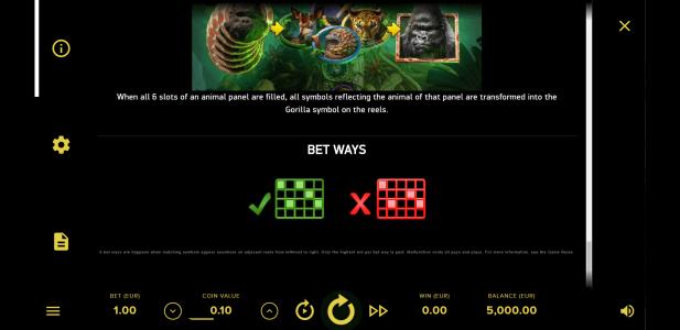 Gorilla Kingdom Slot Machine Bet Ways and Animal Panel Feature Screen