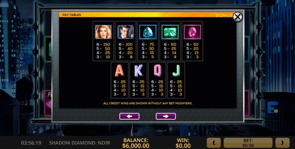 Shadow Diamond Noir Slot Machine Paytable Screen