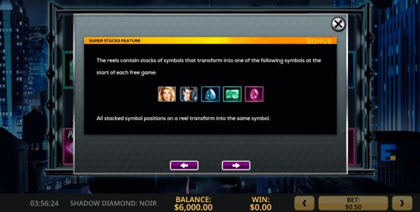 Shadow Diamond Noir Slot Machine Super Stacks Feature Screen
