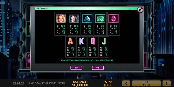 Shadow Diamond Noir Slot Machine Paytable Screen