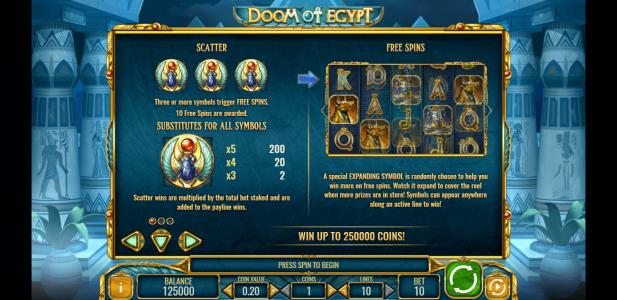 Doom of Egypt Slot Machine Paytable Screen