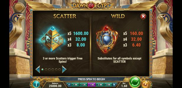 Dawn of Egypt Slot Machine Scatter Awards and Wild Symbol Screen