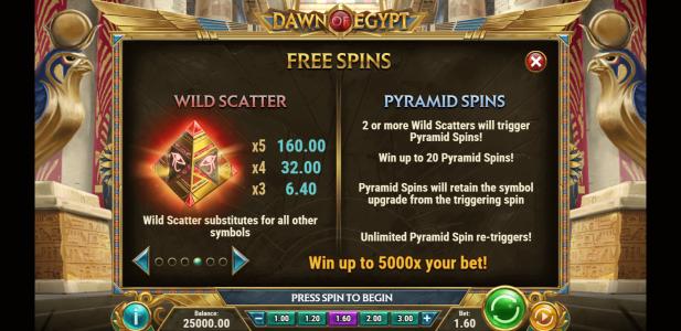 Dawn of Egypt Slot Machine Free Spins Bonus Screen