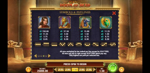 Cat Wilde and the Doom of Dead Slot Machine Paytable Screen