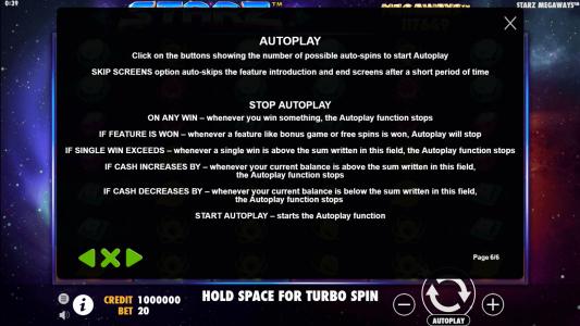 Starz Megaways Slot Machine Game Rules Screen