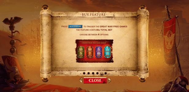 Shields of Rome Slot Machine Buy Feature Selection Screen