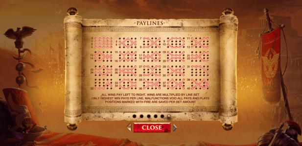 Shields of Rome Slot Machine Paylines Screen