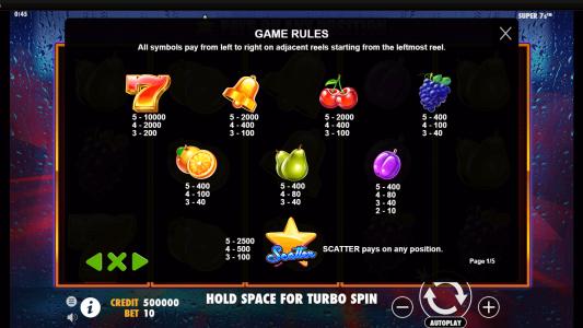 Super 7s Slot Machine Paytable Screen