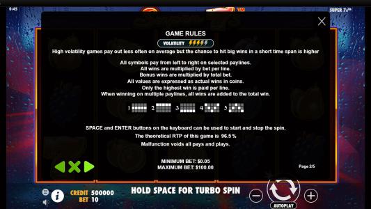 Super 7s Slot Machine Paylines Screen