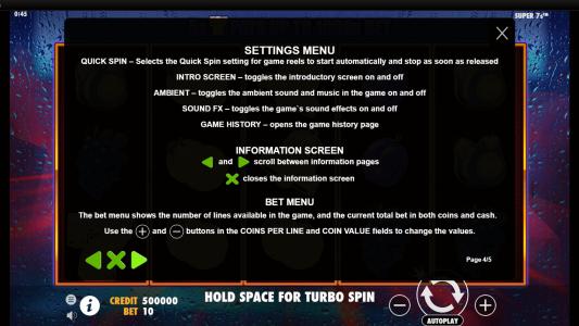 Super 7s Slot Machine Game Rules Screen