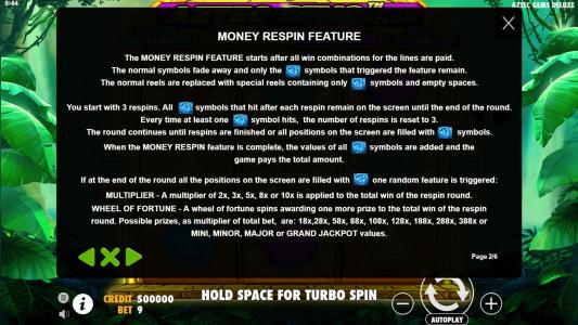 Aztec Gems Deluxe Slot Machine Re-Spins Feature Screen