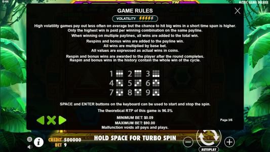 Aztec Gems Deluxe Slot Machine Game Rules Screen