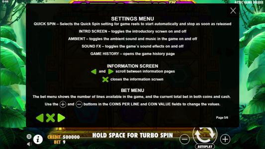 Aztec Gems Deluxe Slot Machine Game Rules Screen