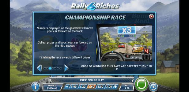 Rally 4 Riches Slot Machine Championship Race Bonus Screen