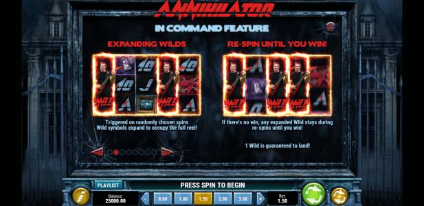 Annihilator Slot Machine Expanding Wilds and Re-Spin Feature Screen