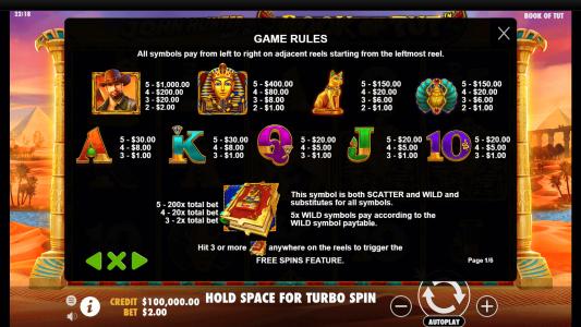 John Hunter And The Book Of Tut Slot Machine Paytable Screen