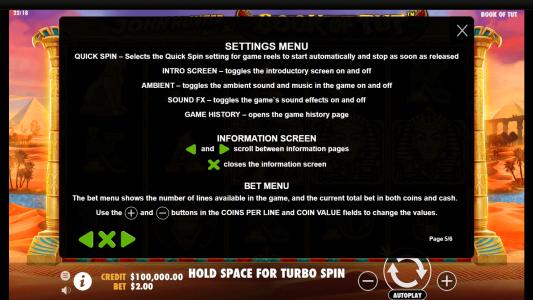 John Hunter And The Book Of Tut Slot Machine Game Rules Screen