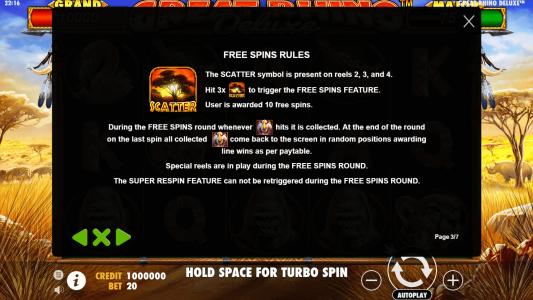 Great Rhino Deluxe Slot Machine Free Spin Rules Screen