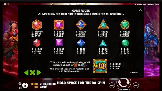 Aladdin and the Sorcerer Slot Machine Paytable Screen