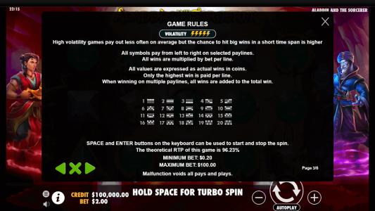 Aladdin and the Sorcerer Slot Machine Game Rules Screen