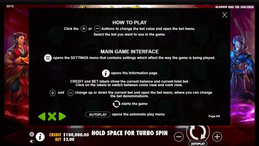 Aladdin and the Sorcerer Slot Machine Game Rules Screen