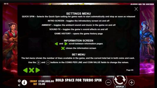 Aladdin and the Sorcerer Slot Machine Game Rules Screen