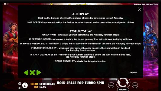 Aladdin and the Sorcerer Slot Machine Game Rules Screen