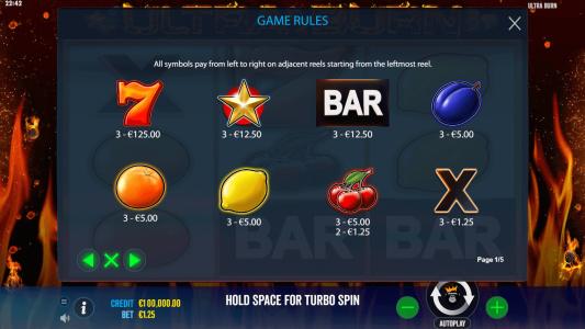 Ultra Burn Slot Machine Paytable Screen