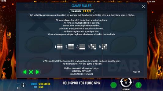 Ultra Burn Slot Machine Game Rules Screen
