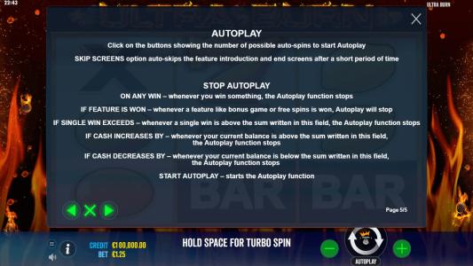 Ultra Burn Slot Machine Game Rules Screen