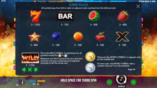 Ultra Hold and Spin Slot Machine Paytable Screen