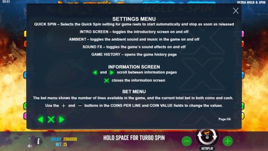 Ultra Hold and Spin Slot Machine Game Rules Screen