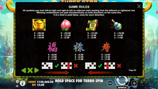 Three Star Fortune Slot Machine Paytable Screen