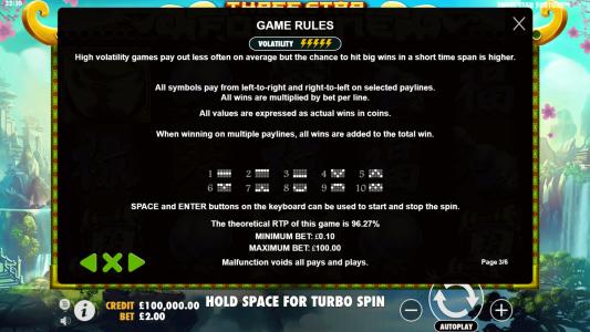 Three Star Fortune Slot Machine Game Rules Screen