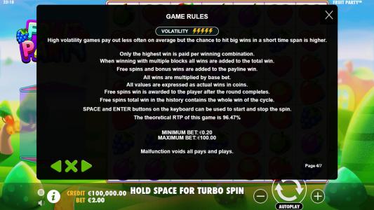 Fruit Party Slot Machine Game Rules Screen