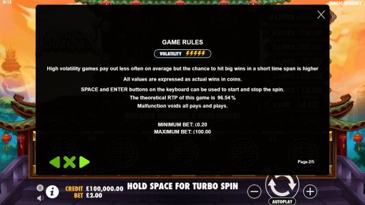 Magic Journey Slot Machine Game Rules Screen